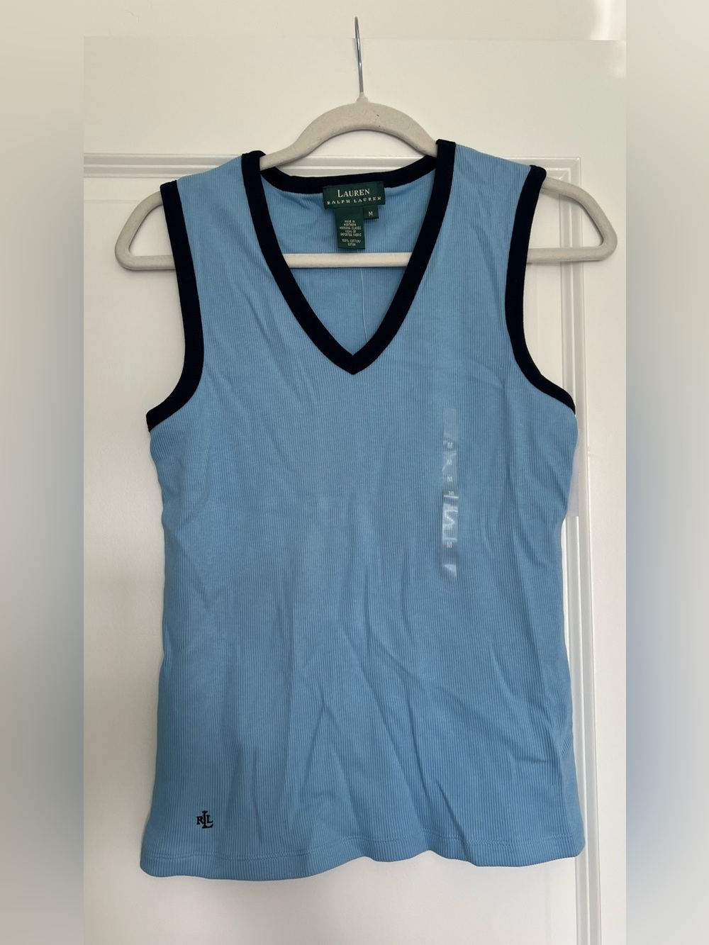Ralph Lauren Light Blue V-Neck Sleeveless Bandeau with Navy Trim, size M